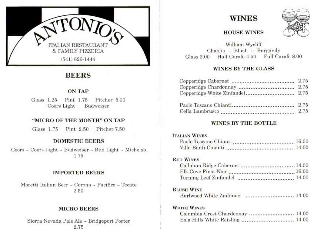 Antonio's Restaurant, Wine List